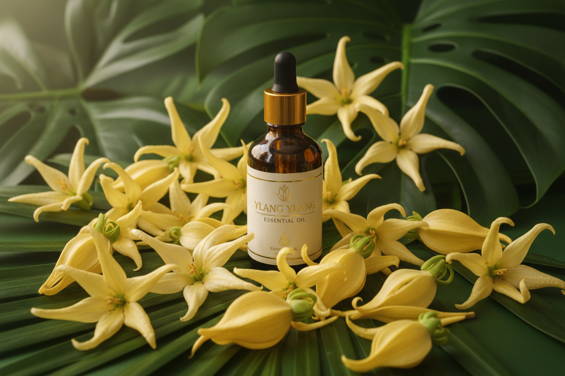 creamy yellow ylang ylang blossoms on dark tropical leaves — exotic, sensual, luxurious