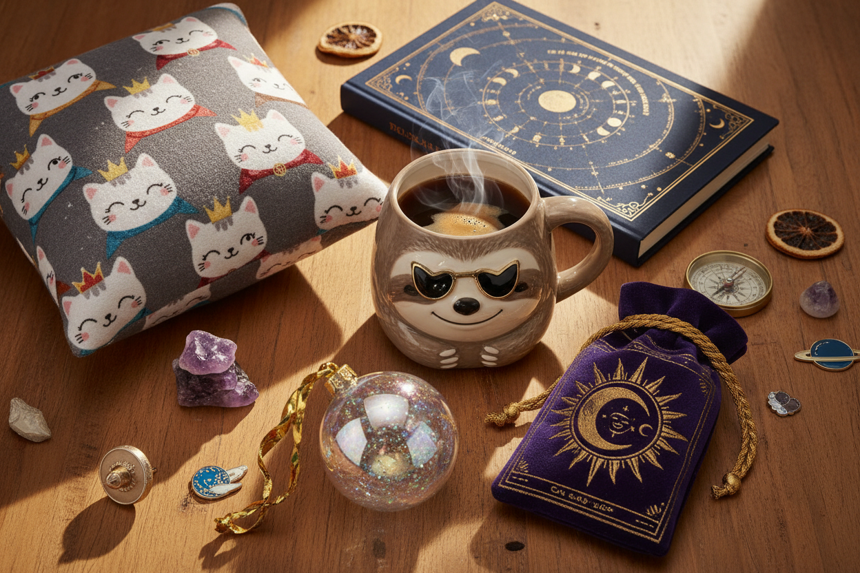 Eclectic lifestyle accessories including themed mug, printed cushion, celestial notebook and tarot pouch