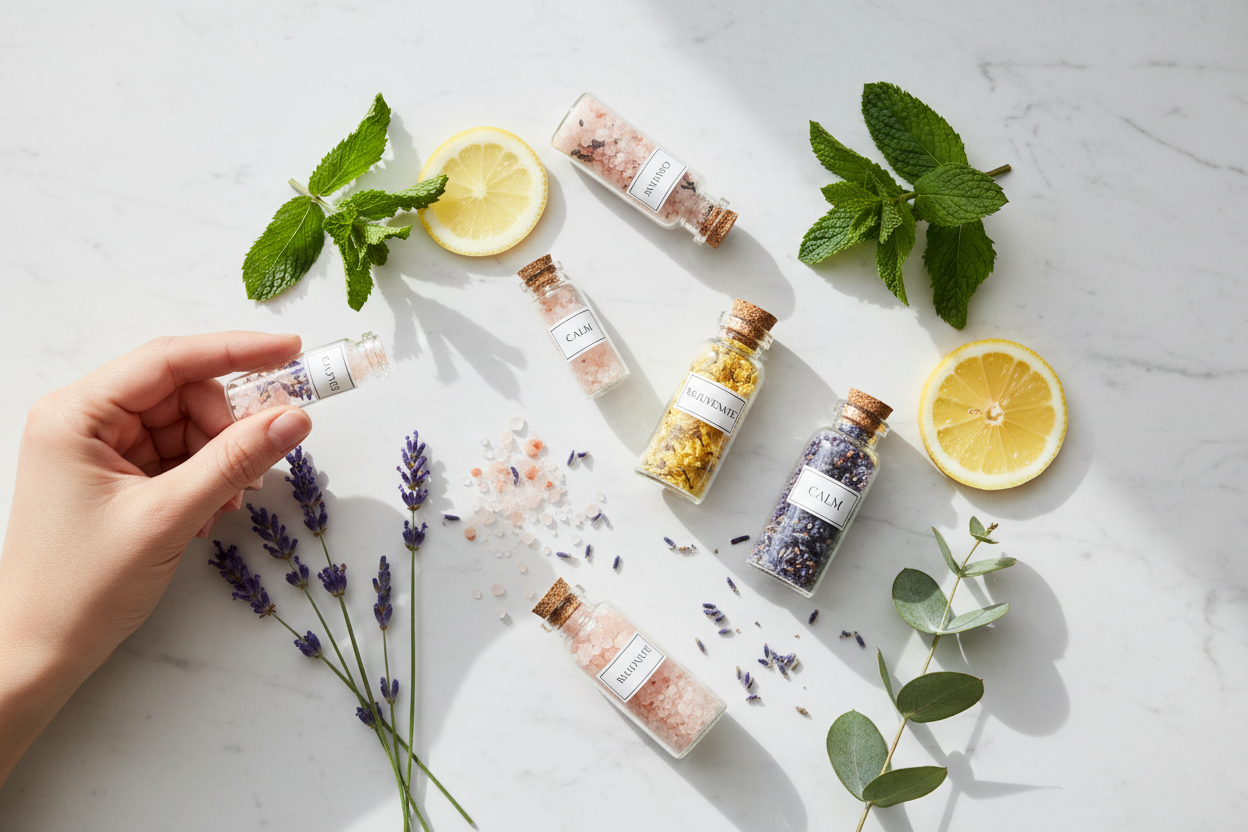 Aromatherapy smelling salt vials with Himalayan salt crystals and fresh botanicals on a marble surface