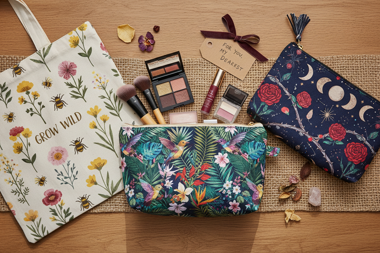 Printed botanical and mystical makeup bags and tote bag on natural surface in soft daylight