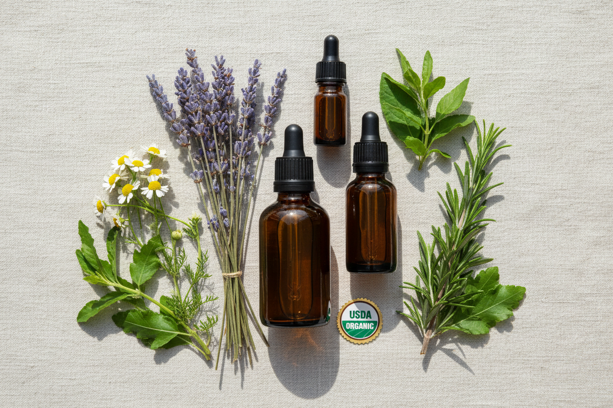 Certified organic essential oils with fresh botanicals including lavender, chamomile, and rosemary on a natural linen surface