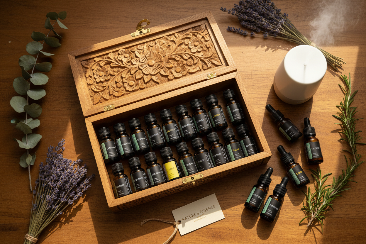 Hand-crafted Mango wood essential oil storage box with carved detailing filled with amber 10ml bottles and botanicals