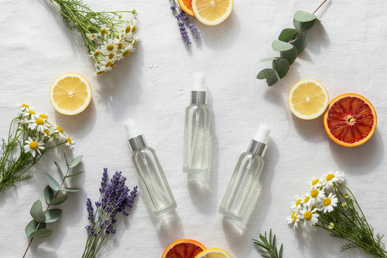 Essential oil mist spray bottles on linen with lavender, eucalyptus and citrus botanicals in natural light