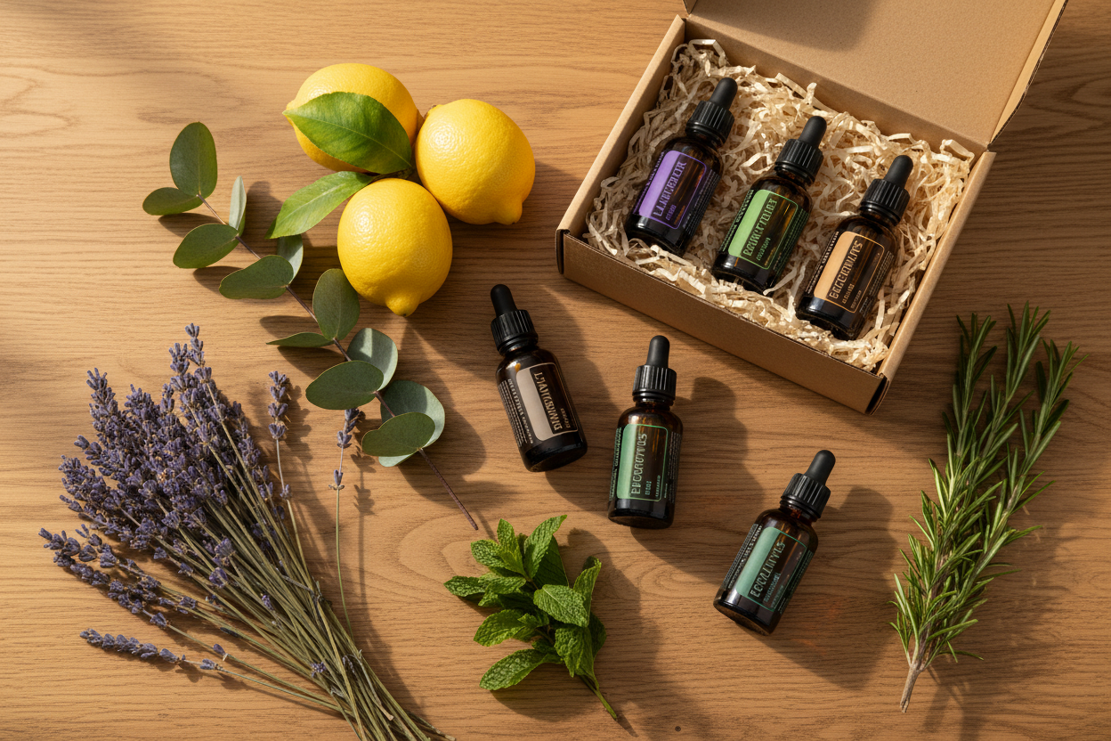 Curated essential oil pack gift set in kraft box with amber bottles and fresh botanicals on natural wood