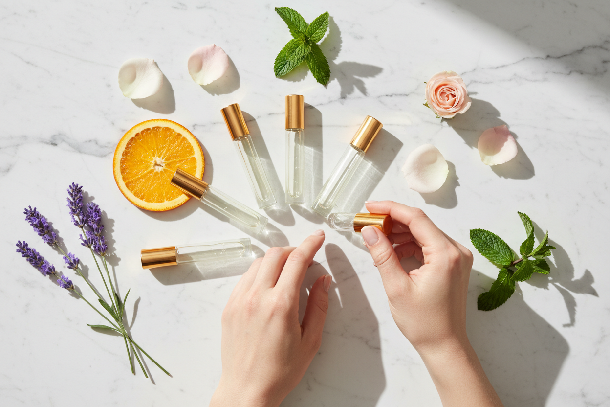 Essential oil roll on bottles on marble with botanicals, one being applied to a wrist pulse point