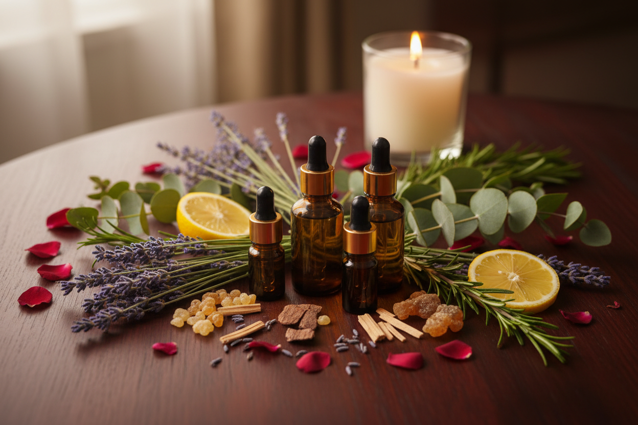 Amber glass bottles on dark wood, surrounded by lavender, eucalyptus, rosemary, lemon, rose petals, cedarwood, and frankincense resin — with a soft candle glow in the background. 