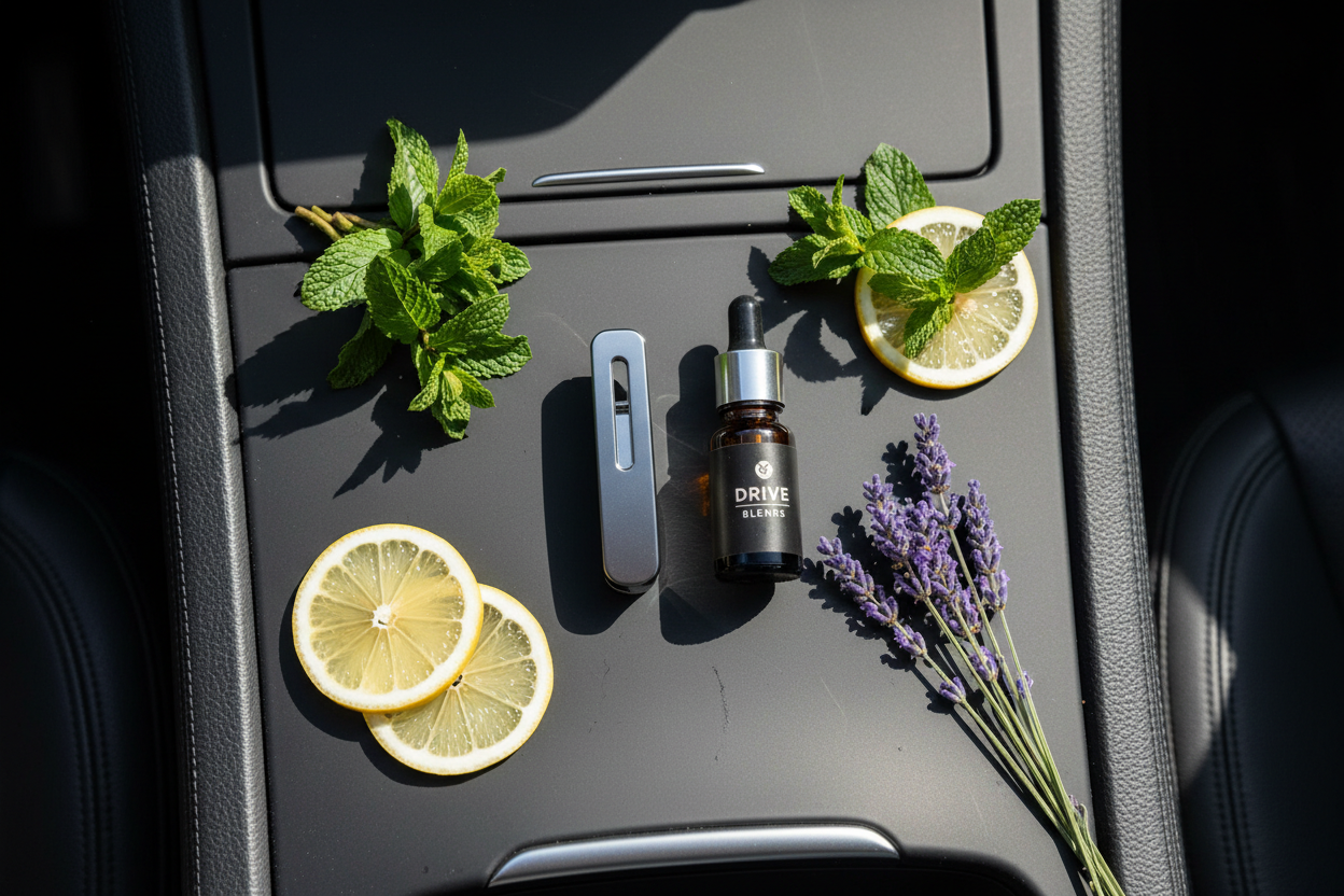 Car vent clip diffuser and essential oil bottle on dark leather with peppermint, lemon and lavender botanicals