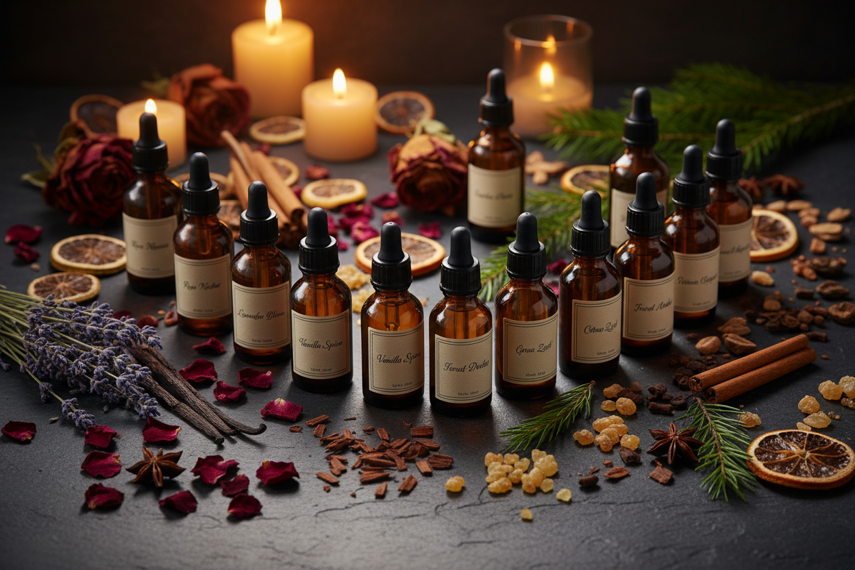 A moody, atmospheric arrangement of amber glass bottles surrounded by rose petals, lavender, vanilla pods, citrus, pine, frankincense resin, and star anise — warm candlelight in the background.