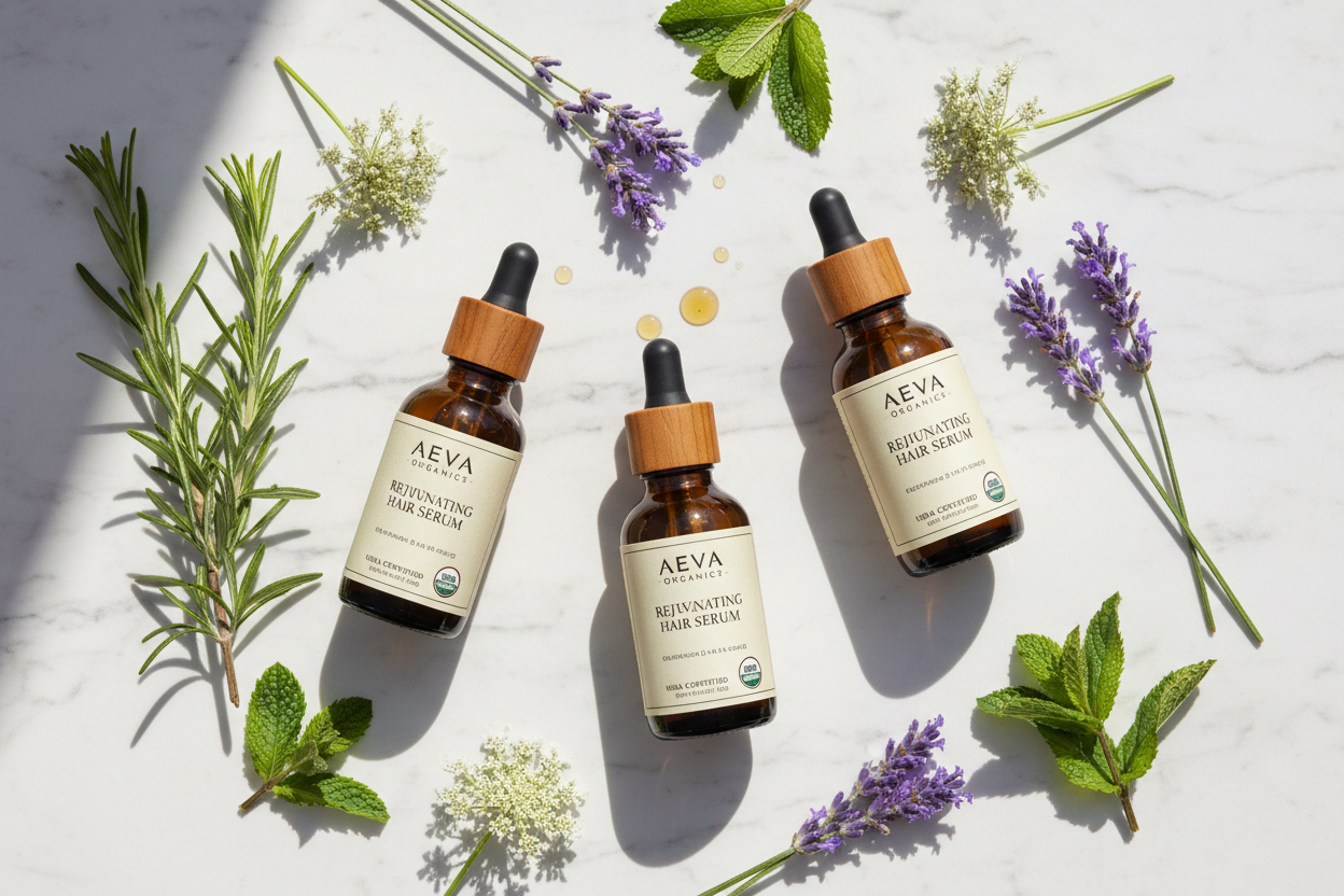 A premium flatlay of amber glass dropper bottles with fresh botanicals — rosemary, lavender, peppermint, and carrot seed — on white marble.