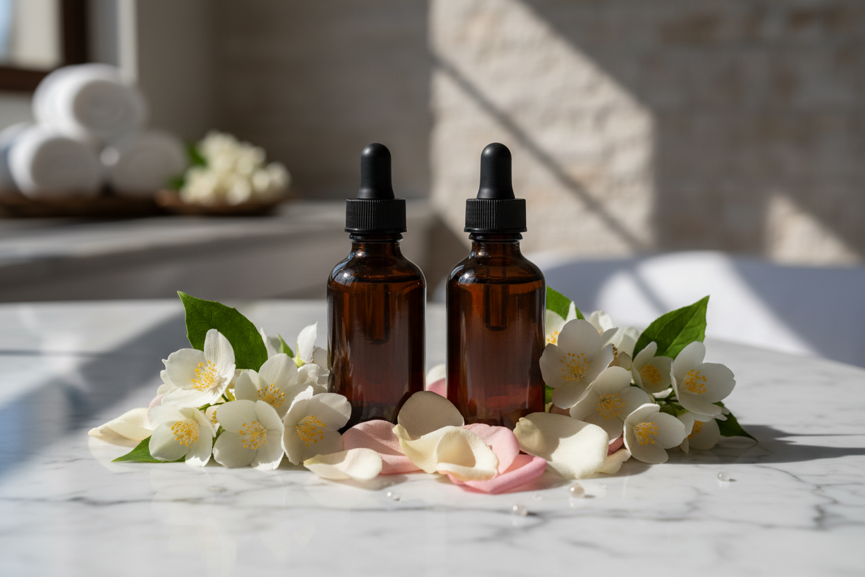Jasmine and Rose Absolute essential oils in amber glass bottles with jasmine flowers and rose petals