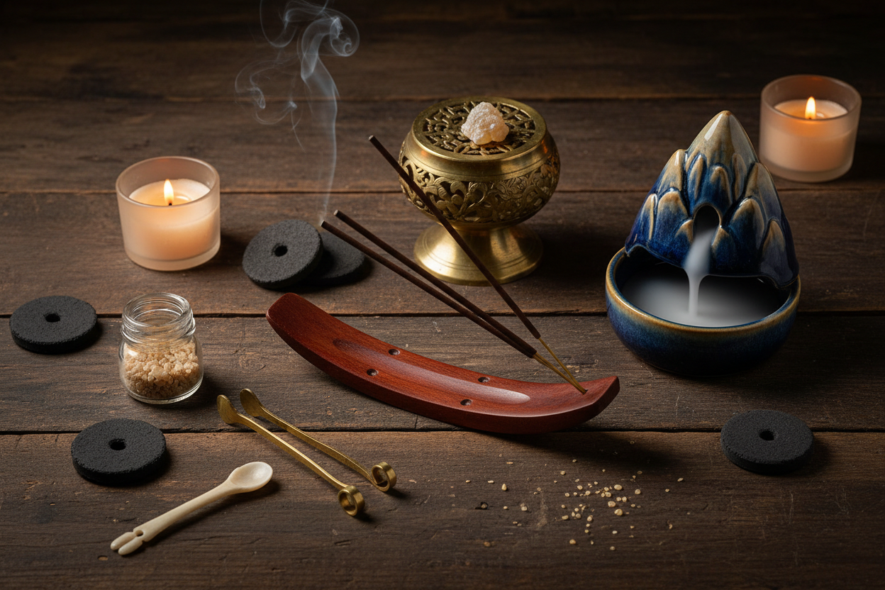 Incense burners and tools including wooden ash catcher, brass resin burner and ceramic backflow burner on dark wood