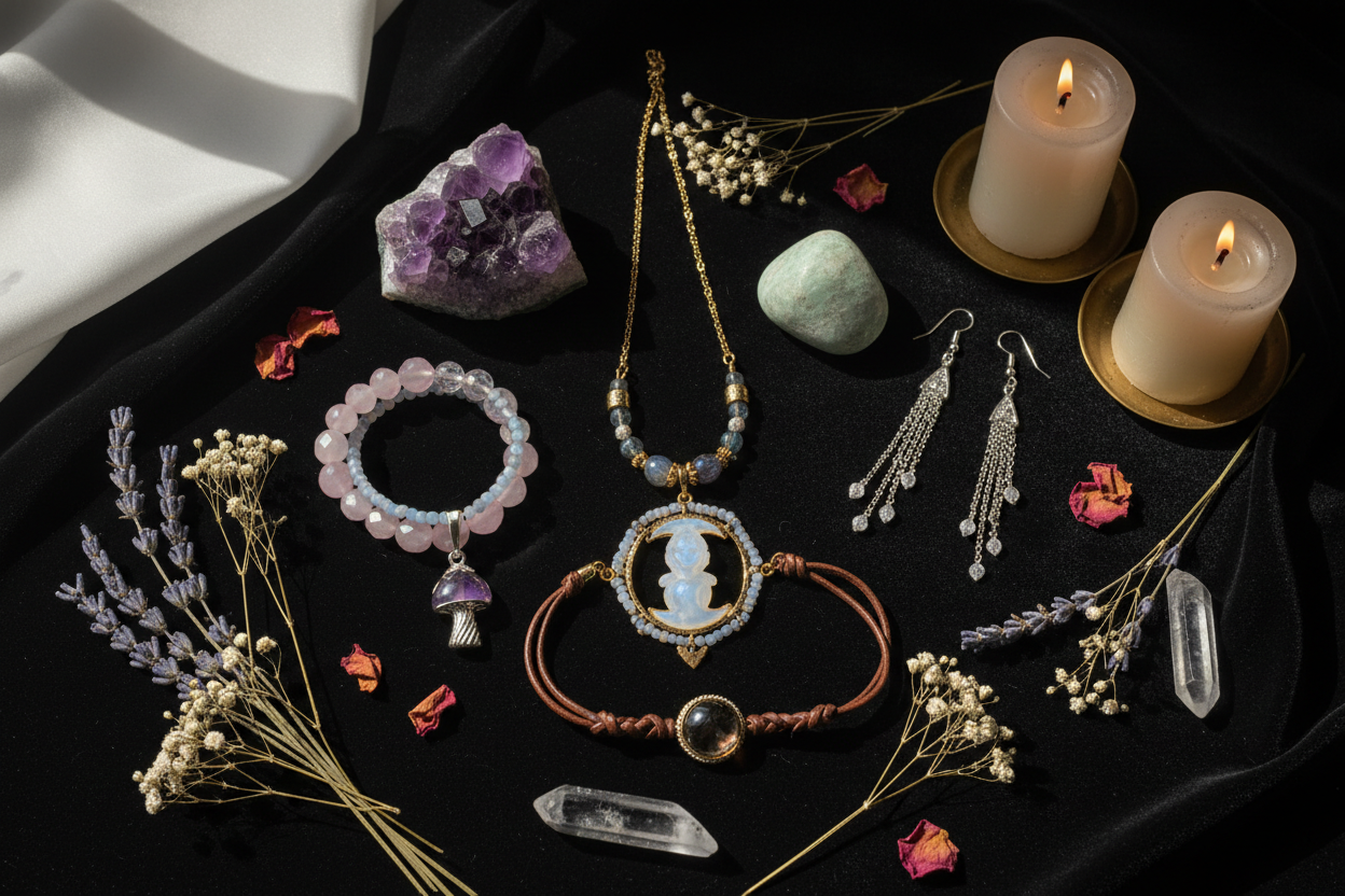 Crystal gemstone bracelets, goddess necklace and mushroom pendant earrings on dark velvet with raw crystals