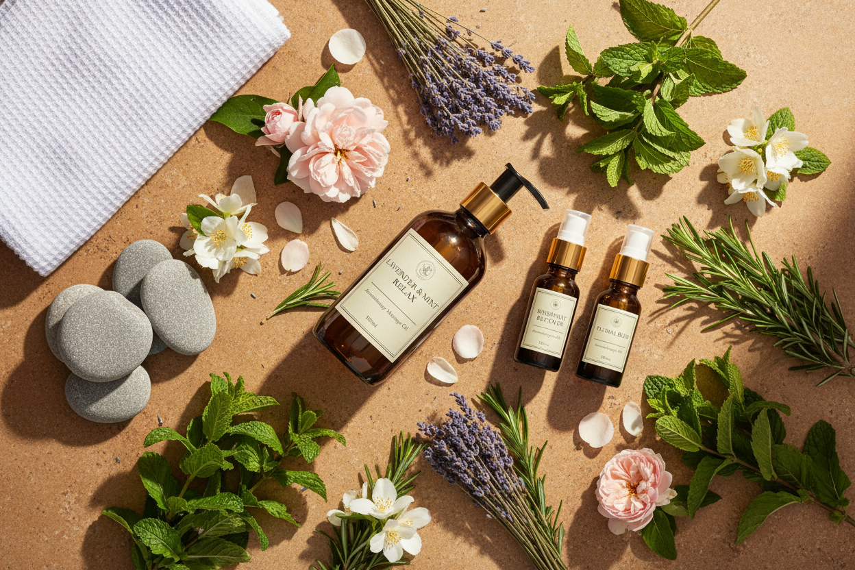 Amber glass bottles of varying sizes on warm natural stone, with lavender, peppermint, rosemary, white linen, and smooth pebbles — spa-like, warm, and beautifully therapeutic.