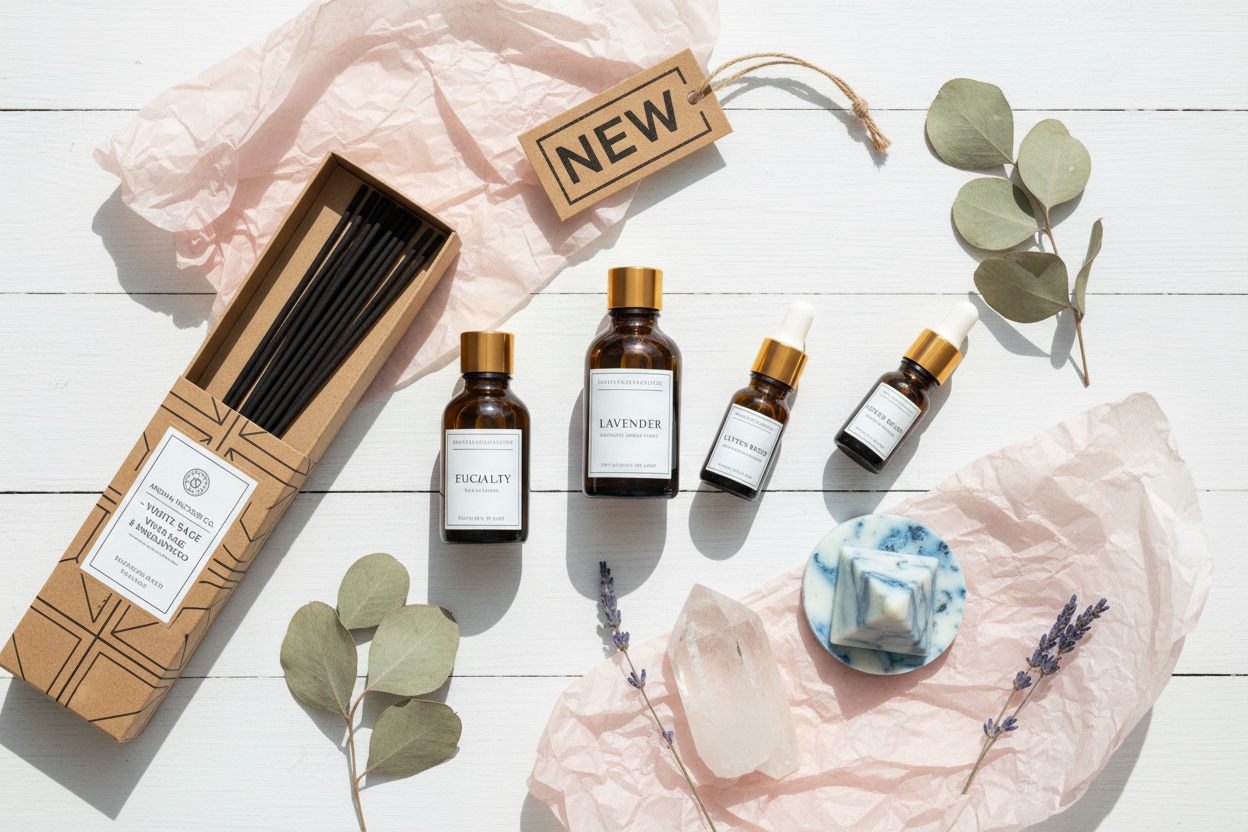 New aromatherapy product releases including essential oils, incense and crystals with new arrival tags on white