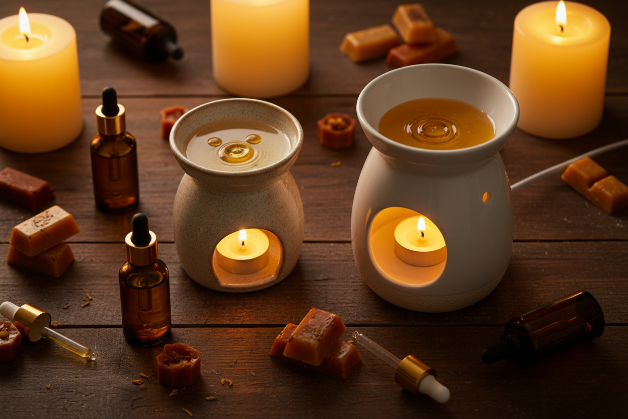 Curated essential oil pack gift set in kraft box with amber bottles and fresh botanicals on natural wood