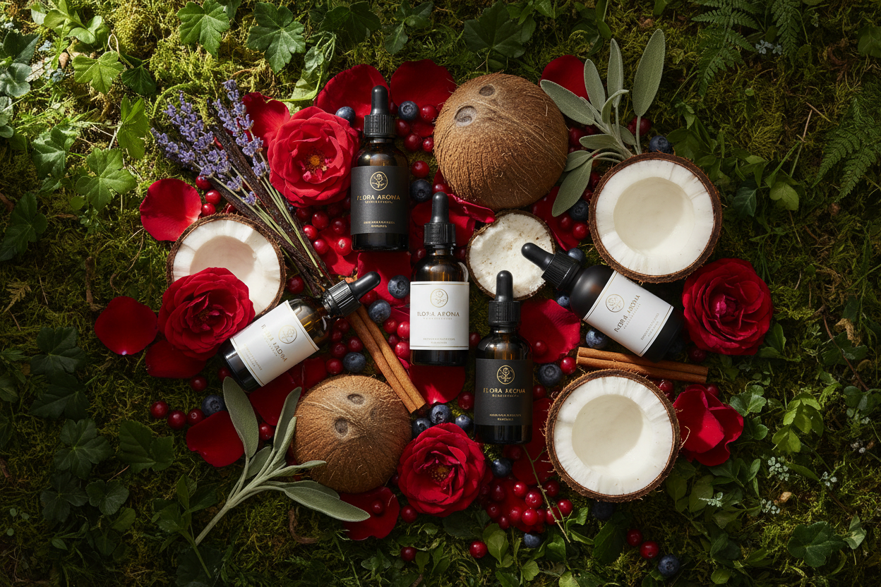 Dark glass bottles surrounded by an abundant mix of botanicals — rose petals, lavender, vanilla pods, cinnamon, coconut, sage, and berries — rich, vibrant, and beautifully natural.