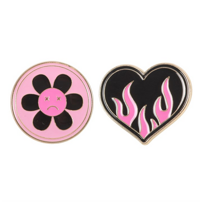 Burning Heart and Sad Flower Pin Badge Set