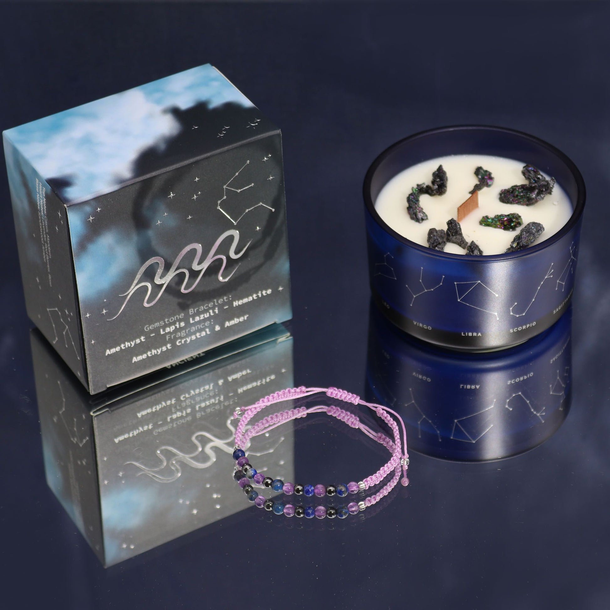 Zodiac Crystal Candle with Gemstone Bracelet - Aquarious - Vivid Aromas UK
