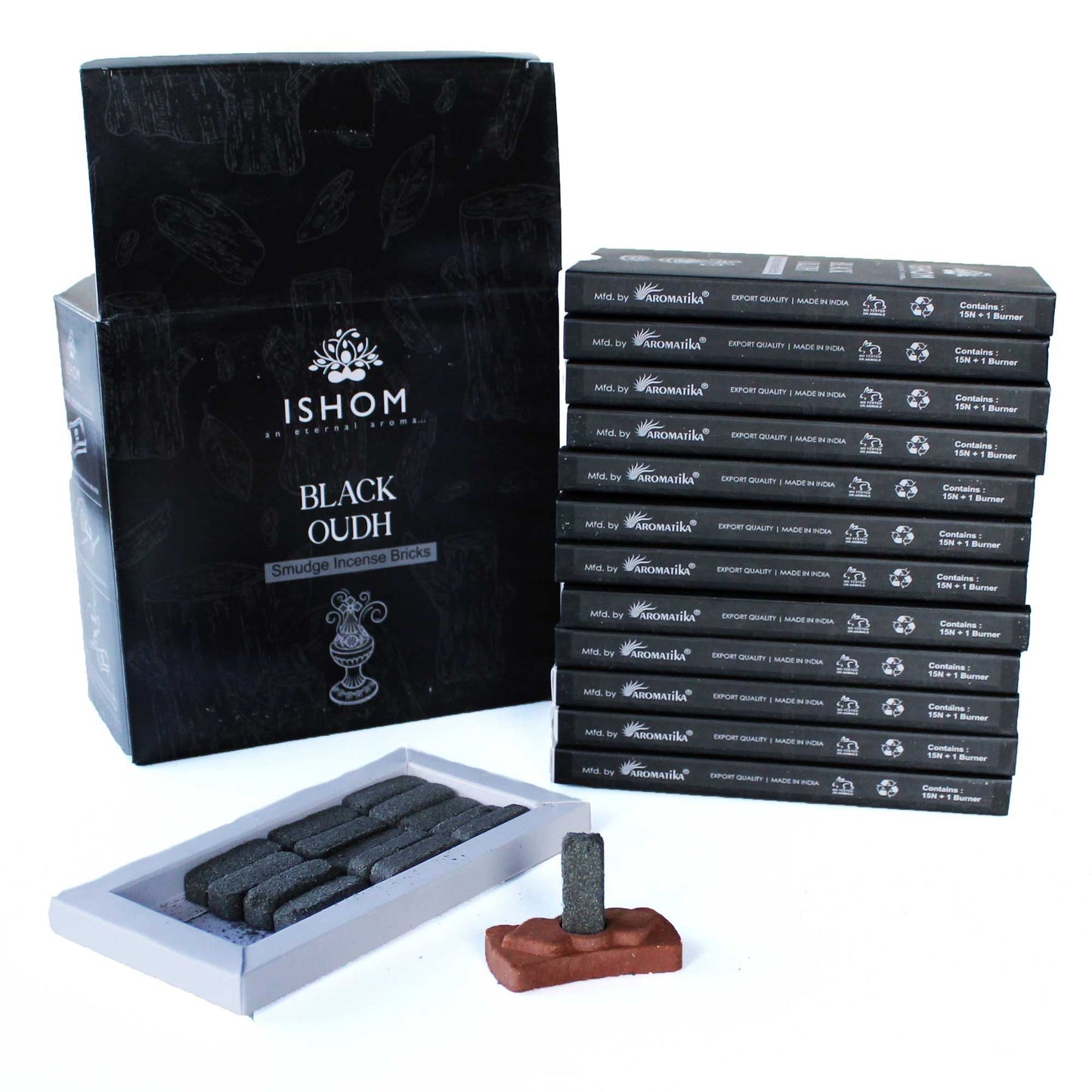 Pack of 15 Natural Incense Smudge Bricks and Burner - Black Wood - Vivid Aromas UK