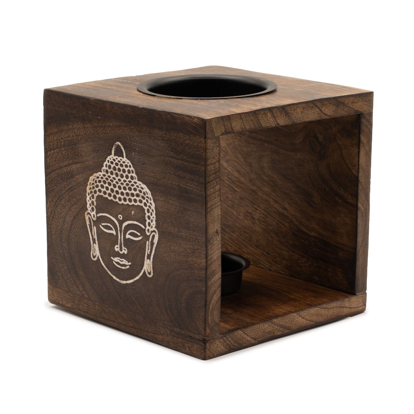Large Square Mango Wood Oil Burner- Buddha Face - Vivid Aromas UK