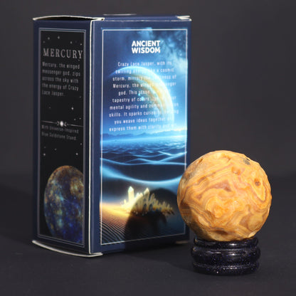 Crazy Lace Jasper Planet on a Sola Goldstone Stand (MERCURY) - Vivid Aromas UK