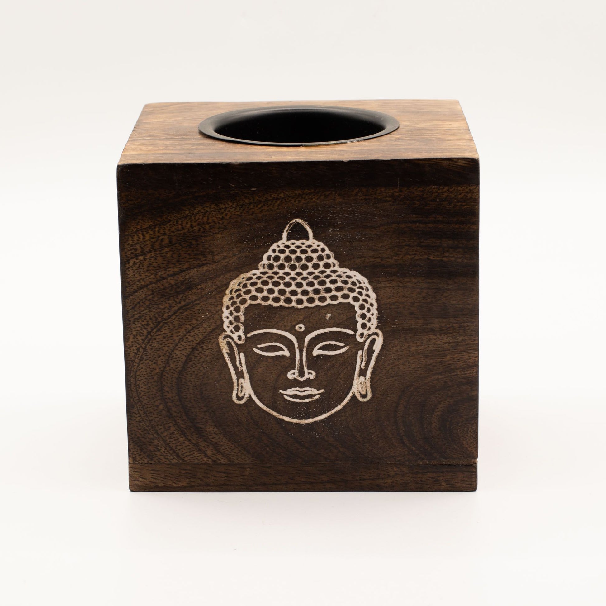 Large Square Mango Wood Oil Burner- Buddha Face - Vivid Aromas UK