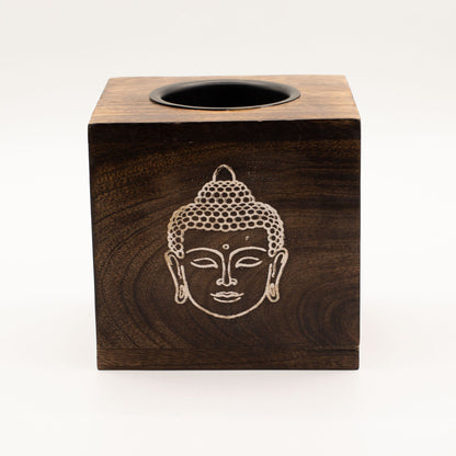 Large Square Mango Wood Oil Burner- Buddha Face - Vivid Aromas UK