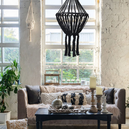 Macrame Large Drop Chandelier - Black - Vivid Aromas UK
