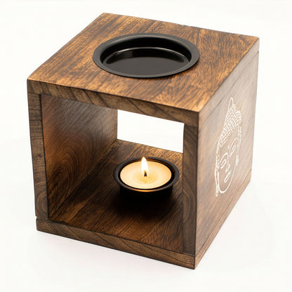 Large Square Mango Wood Oil Burner- Buddha Face - Vivid Aromas UK