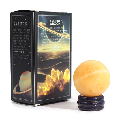 Yellow Jade Planet on a Sola Goldstone Stand (SATURN) - Vivid Aromas UK