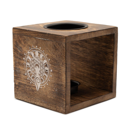 Large Square Mango Wood Oil Burner - Moon Goddess - Vivid Aromas UK