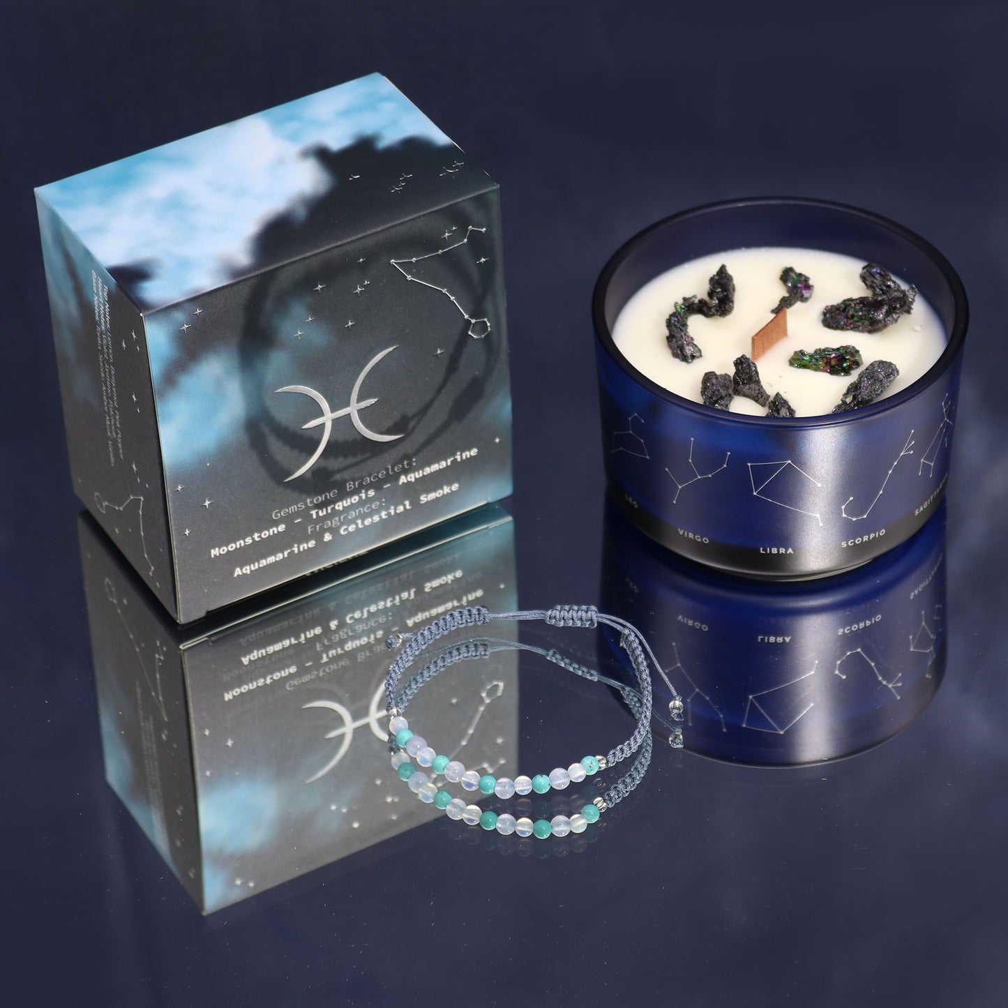 Zodiac Crystal Candle with Gemstone Bracelet - Pisces - Vivid Aromas UK