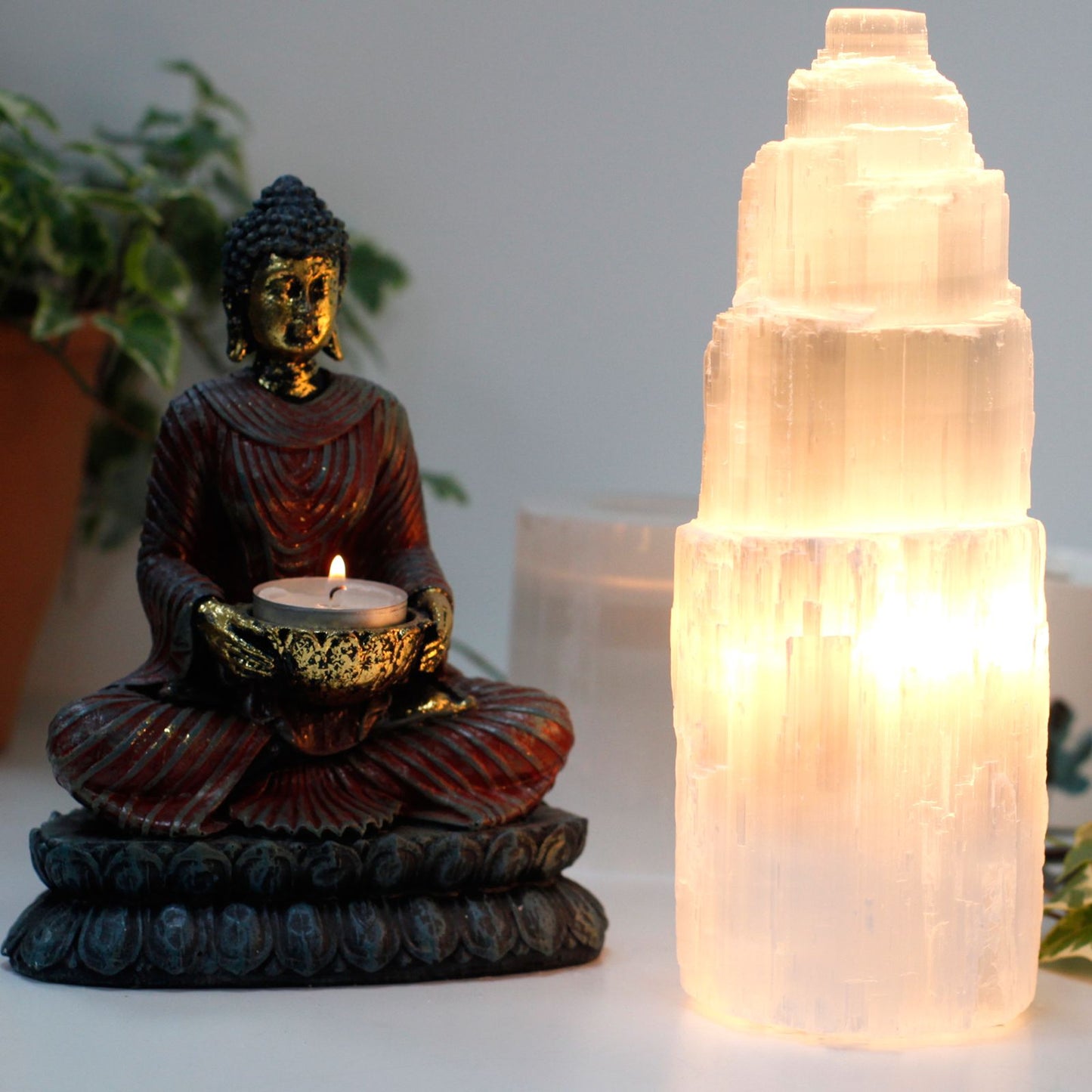 Natural Selenite Tower Lamp - 25 cm - Vivid Aromas UK