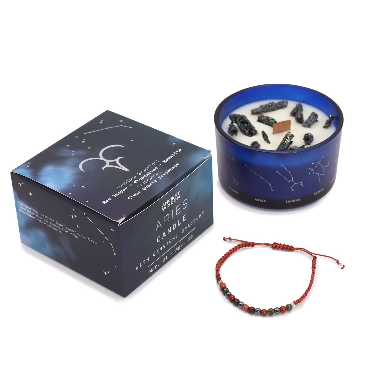Zodiac Crystal Candle with Gemstone Bracelet - Aries - Vivid Aromas UK