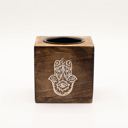 Square Mango Wood Oil Burner - Hamsa - Vivid Aromas UK