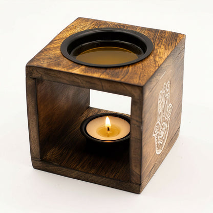Square Mango Wood Oil Burner - Hamsa - Vivid Aromas UK