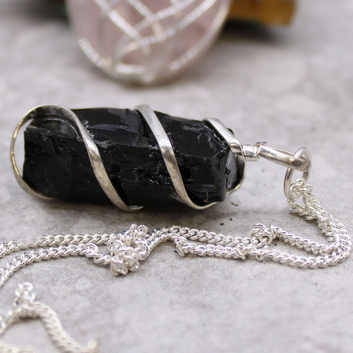 Cascade Wrapped Gemstone Necklace - Rough Black Onyx - Vivid Aromas UK
