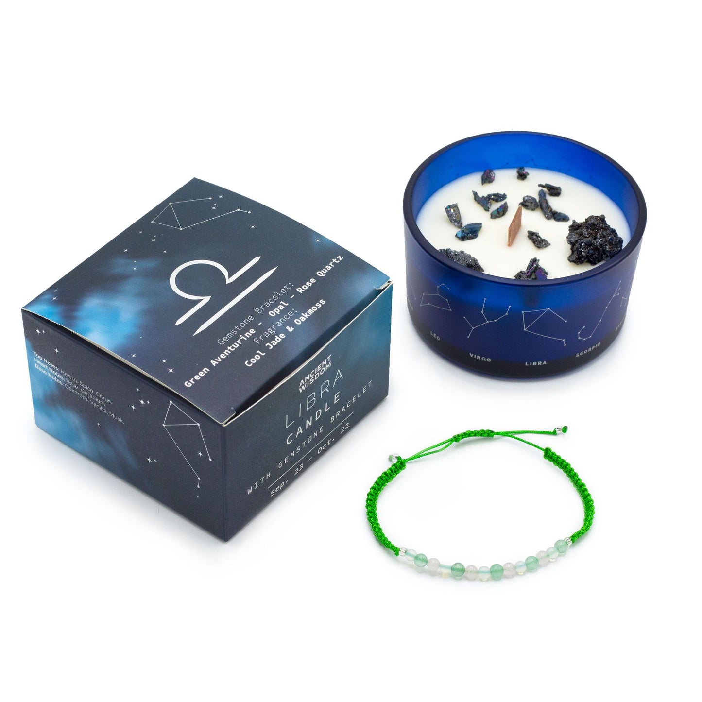 Zodiac Crystal Candle with Gemstone Bracelet - Libra - Vivid Aromas UK