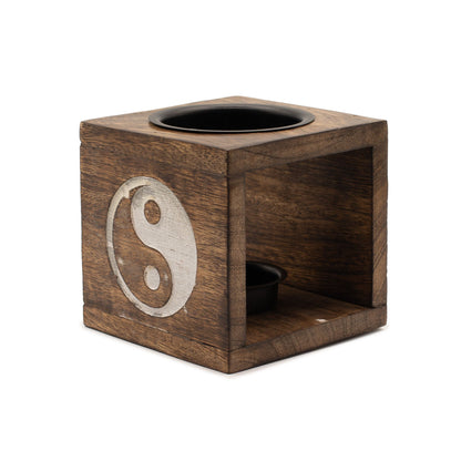 Square Mango Wood Oil Burner - Yin Yang - Vivid Aromas UK