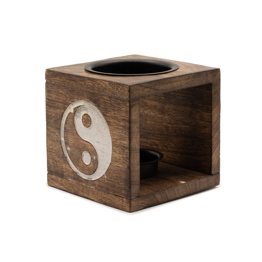 Square Mango Wood Oil Burner - Yin Yang - Vivid Aromas UK