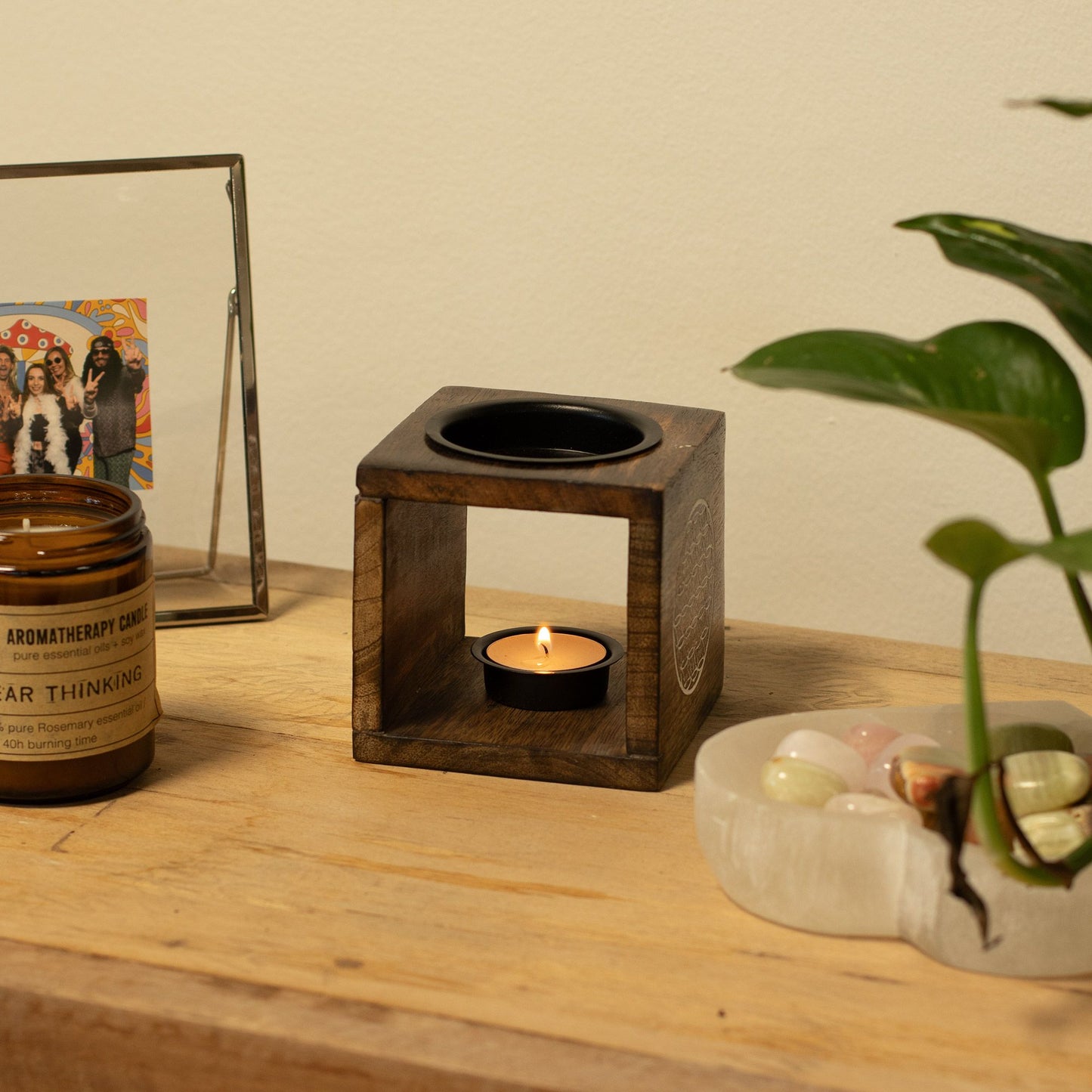 Square Mango Wood Oil Burner - Flower of Life - Vivid Aromas UK