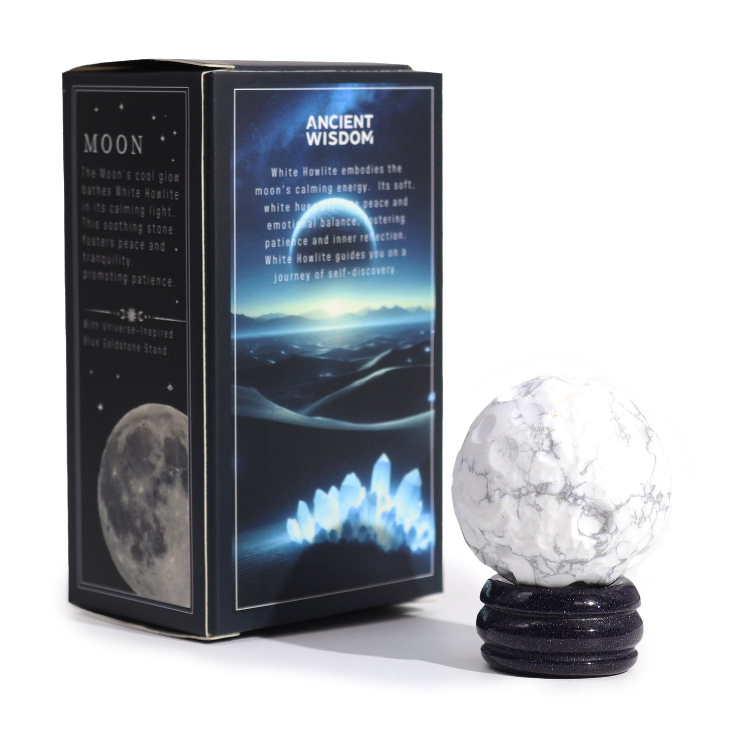 White Howlite Planet on a Sola Goldstone Stand (MOON) - Vivid Aromas UK