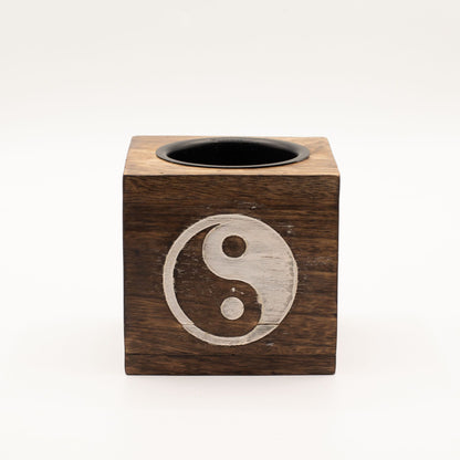 Square Mango Wood Oil Burner - Yin Yang - Vivid Aromas UK