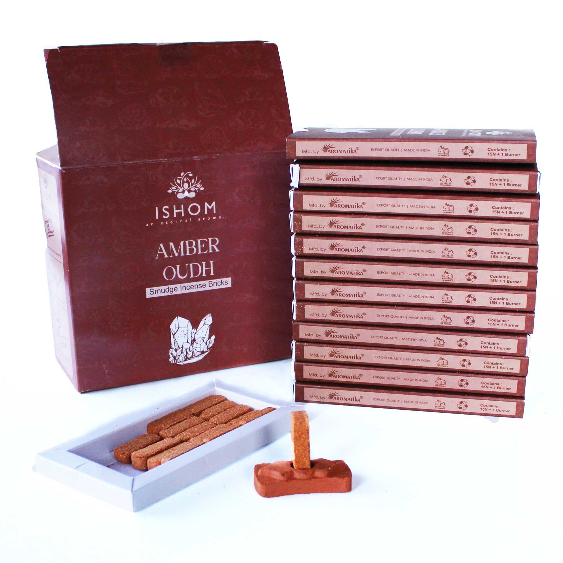 Pack of 15 Natural Incense Smudge Bricks and Burner - Amber Wood - Vivid Aromas UK