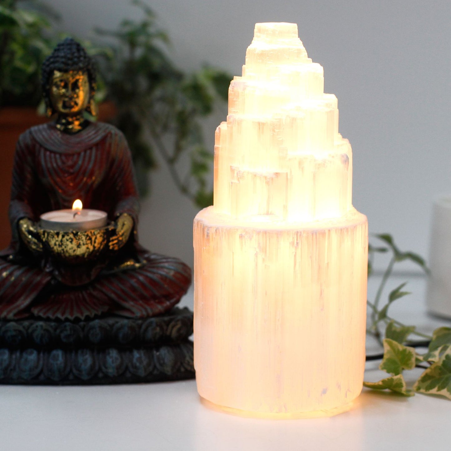 Natural Selenite Tower Lamp - 20 cm - Vivid Aromas UK