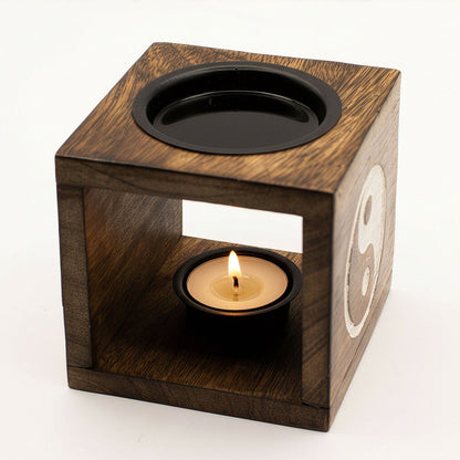 Square Mango Wood Oil Burner - Yin Yang - Vivid Aromas UK