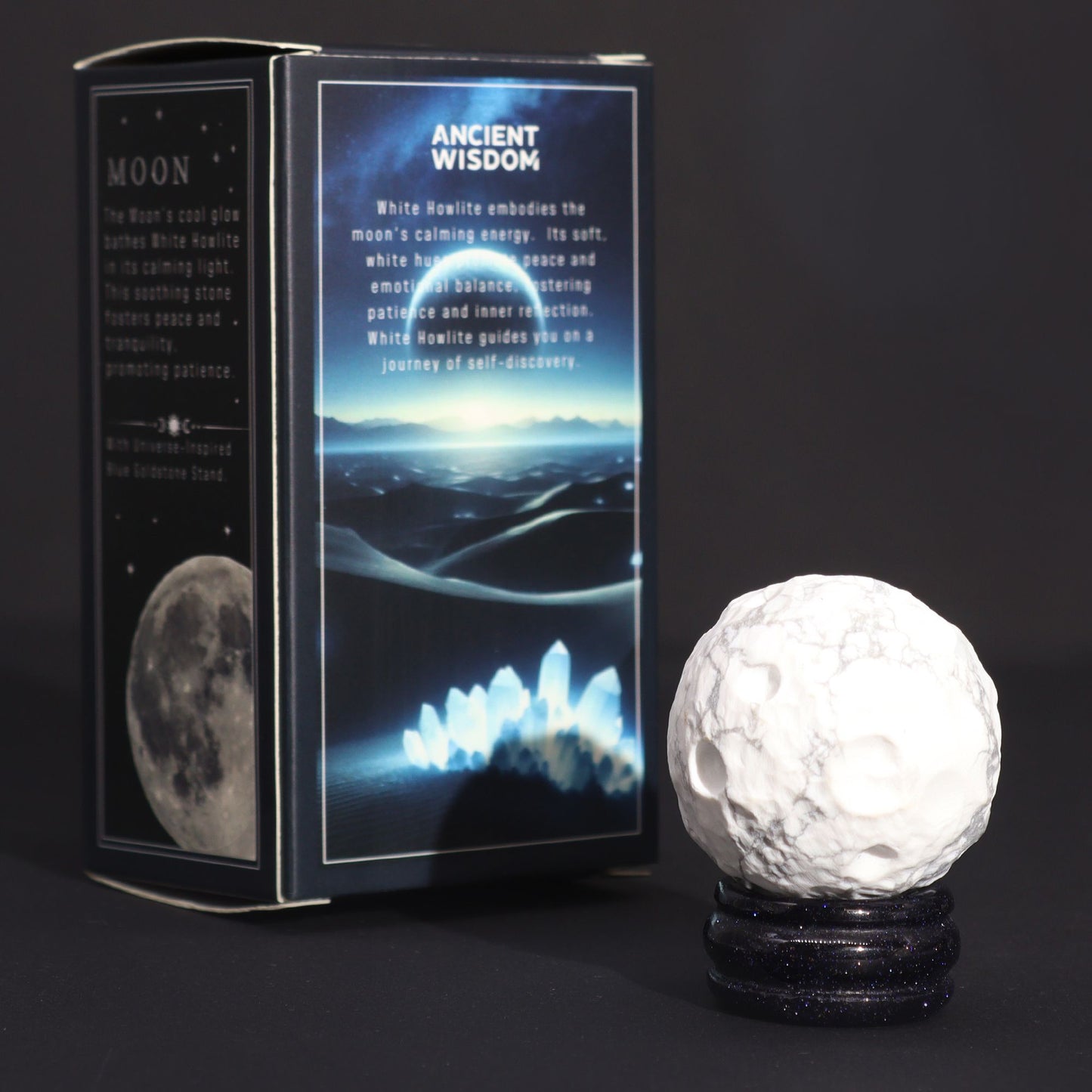 White Howlite Planet on a Sola Goldstone Stand (MOON) - Vivid Aromas UK