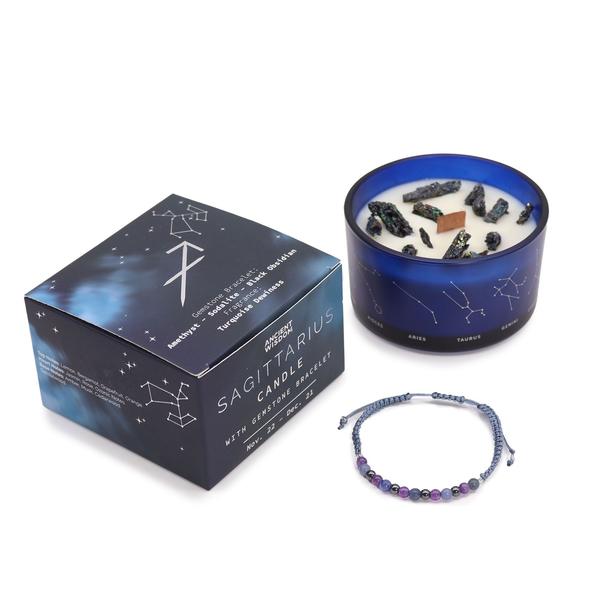 Zodiac Crystal Candle with Gemstone Bracelet - Sagittarius - Vivid Aromas UK
