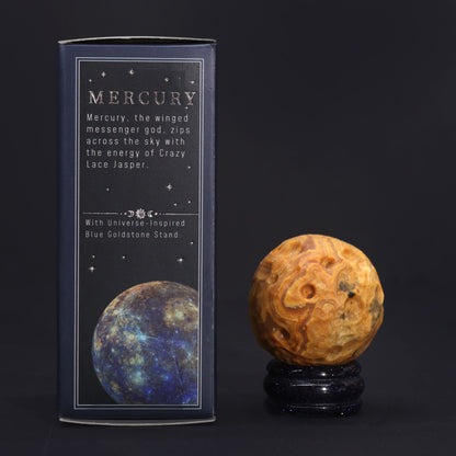 Crazy Lace Jasper Planet on a Sola Goldstone Stand (MERCURY) - Vivid Aromas UK