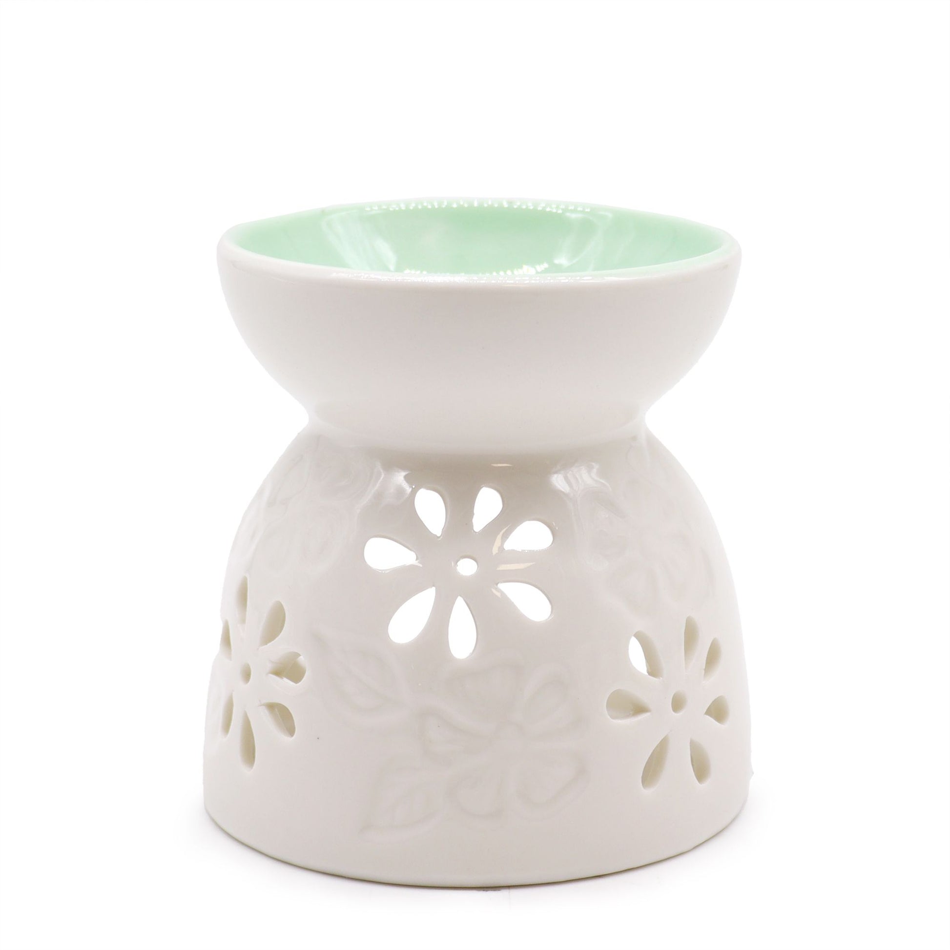 Classic White Oil Burner - Floral with Teal Well - Vivid Aromas UK